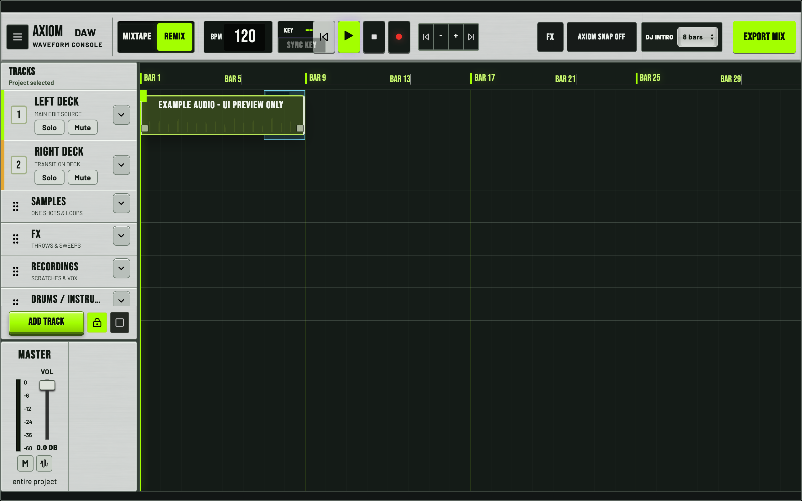 Real updated AXIOM white DAW with a silver and white control surface, track lanes and example audio