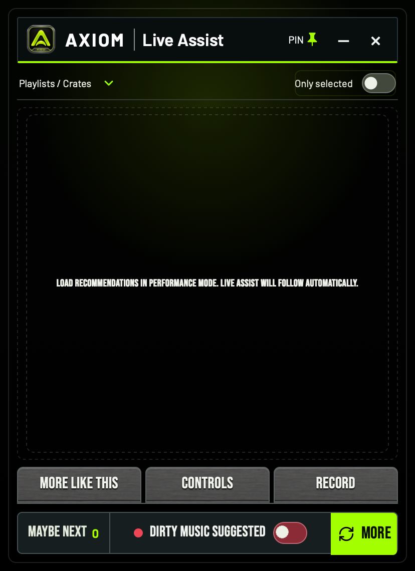Current floating AXIOM Live Assist panel, showing its initial empty state