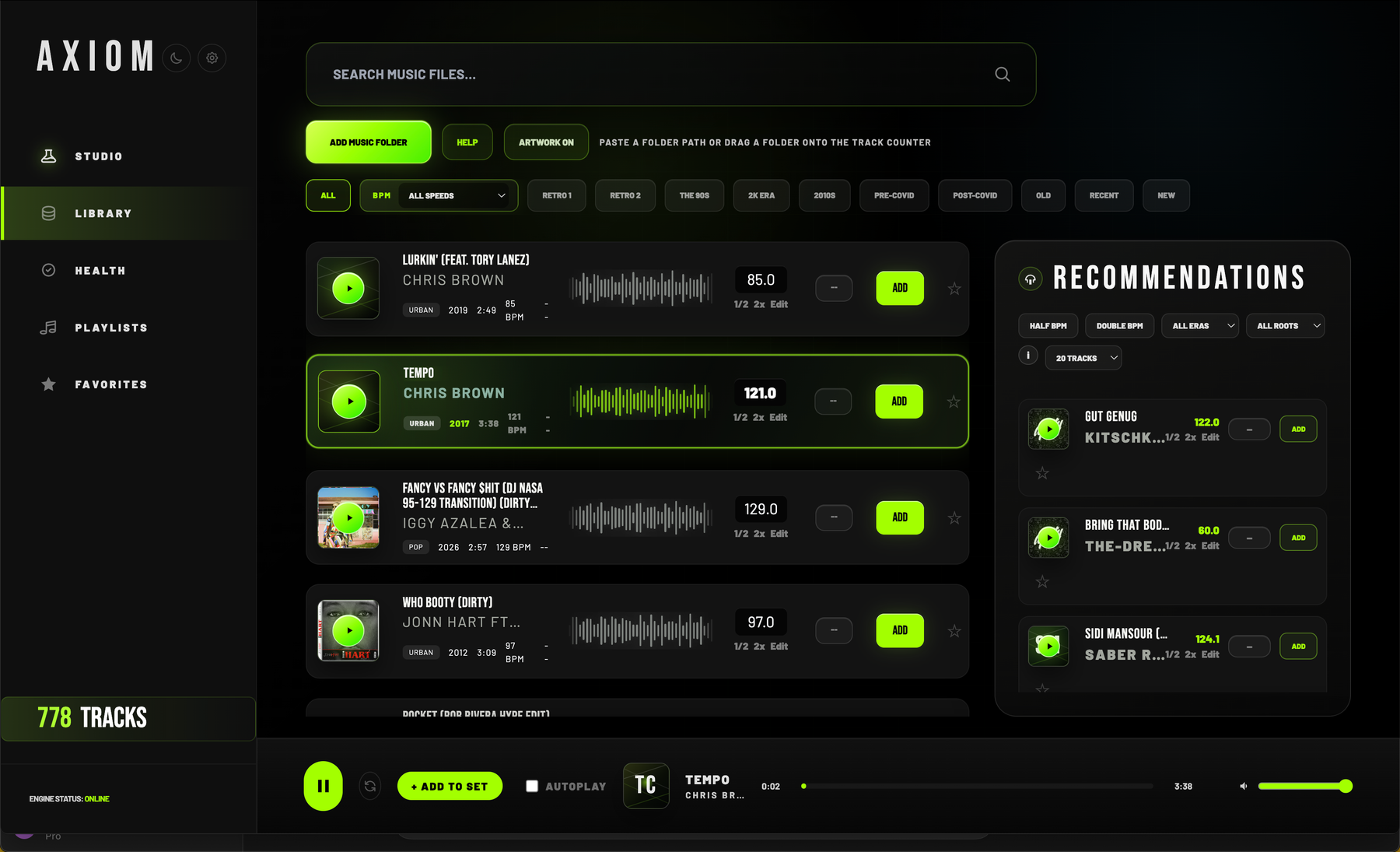 AXIOM Library screen showing local music, filters, and track recommendations